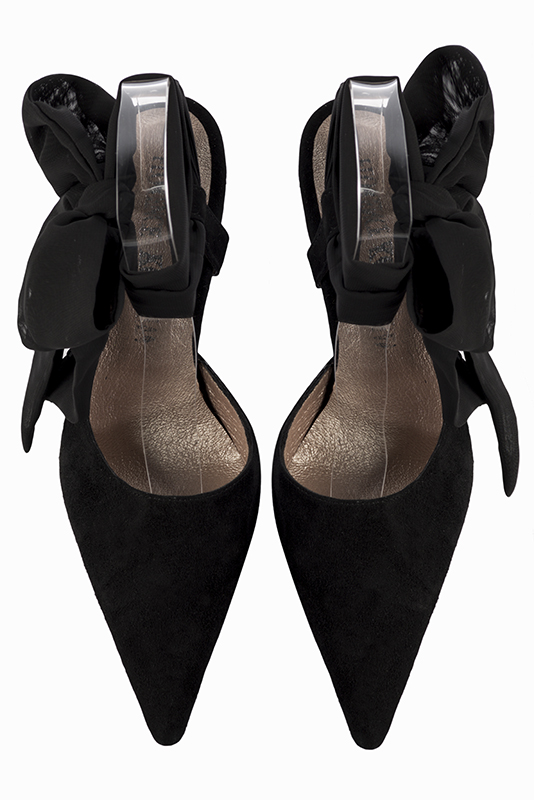 Matt black women's open back shoes, with an ankle scarf. Pointed toe. Very high slim heel. Top view - Florence KOOIJMAN
